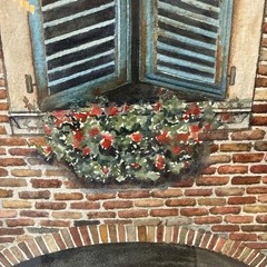 Liz Donner Watercolor Painting European Street Scene Framed Matted 24×20