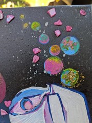 abstract space painting mixed media acrylic glitter planets face