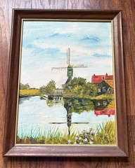 Vintage Dutch Windmill Scene Painting On Canvas Signed Maws 69’ Acrylic Texture