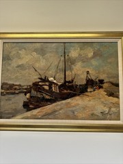 Antique Painting 1910’s Impressionist Coast Beach Industrial Boat Dock Listed