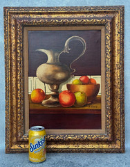 K HANLO HOLLAND SIGNED OIL PAINTING STILL LIFE SILVER VASE WITH ASSORTED FRUITS