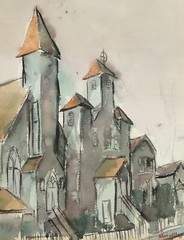1966 Bruguera Watercolor Painting Vintage Mid Century Modern Buildings Church