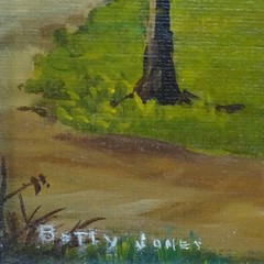 Vintage Miniature Folk Art Landscape Oil Painting Red Saltbox House Trees Signed