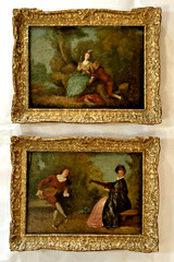 Antique Pair 19thC French Troubadour Oil Paintings Ornate Gold Gilt Frames 10×14