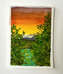 ACEO Original Impressionist Watercolor Landscape Mountains Trees Unframed