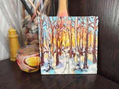 Original Oil Painting Landscape Original Art Winter Forest Sunset Artwork 6x6in