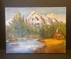 Original Vintage Oil Painting Of Mountain Landscape With Cabin & River Signed 18