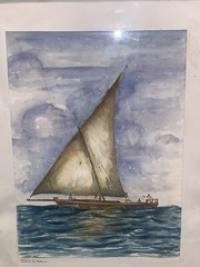 Zanzibar ‘06 Sail Boat Sea Watercolor Signed Custom Matted Framed 13.25”X16.25”