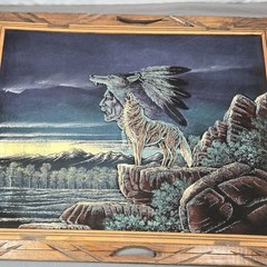 Vintage Native American Wolf Oil Painting Carved Frame 23×19 Hecho en Mexico