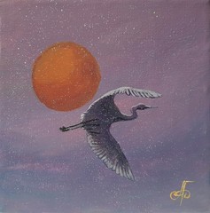 Original Acrylic Bird Painting Crane Sunset Impressionist Landscape Canvas Art