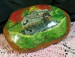 HAND PAINTED & SIGNED ROCK FALL SCENE & WATER MILL ARTIST SHELLACED