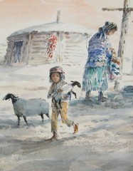 Paul Kuo Watercolor Painting Navajo Weavers Landscape Boy Sheep 31×39 in Framed