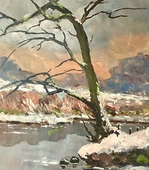 Original Signed O/B „FR“ Monogram 20th c Landscape Painting Tree at River Bank