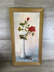Vintage Oil Painting Red Roses Floral Still Life Vertical With Handmade Frame