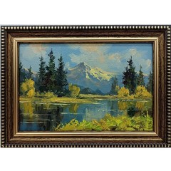 Mountain Lake Original Oil Painting 4×6 Framed Signed Alpine Landscape Forest Ar