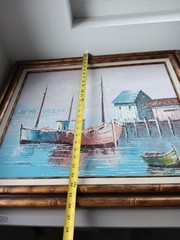 Original KESWICK Oil Painting Fishing Boats in Harbor PINK SKY Calm Nautical MCM