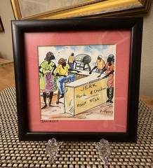 P. Henri Signed Jamaican Watercolor Matted Framed Signed Watercolor 5” x 5”