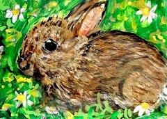 ORIGINAL ACEO Cottontail RABBIT Painting Spring Flower Bunny Animal Nature ART