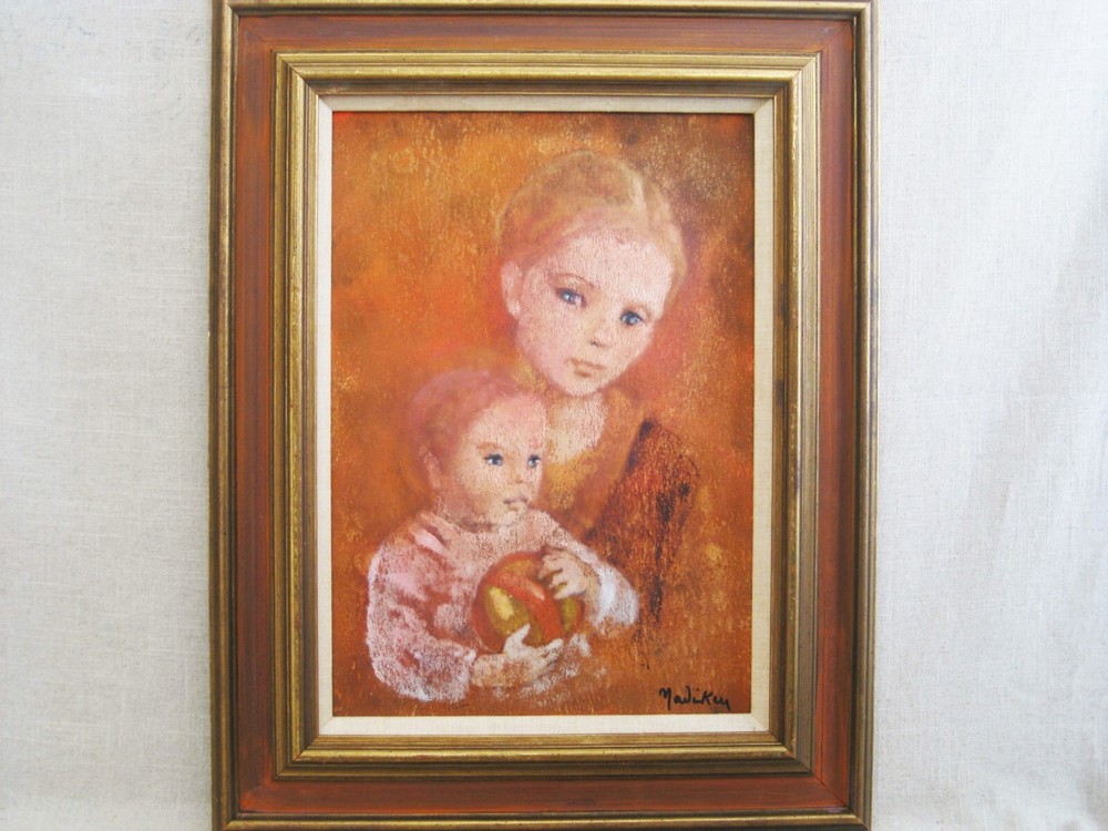 Mid-Century Mother and Child Female Portrait Painting, Original Framed Wall Art