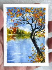 ACEO Original Oil Painting Landscape Autumn on the Lake Small Art 2.5 x 3.5 in
