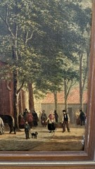 Dutch Oil On Board Painting Of A Town Scene 14”x10” Horses People