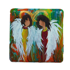 Sister Angels on Ceramic Tile Magnet Pour Paint Art by Rain Crow