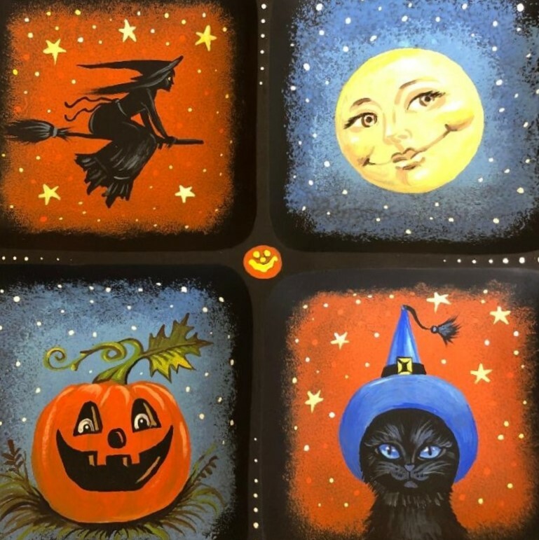 4×4 PRINT OF PAINTING RYTA HALLOWEEN BLACK CAT WITCH PUMPKIN WITCH FOLK ART MOON