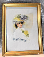 VINTAGE 19TH CENTURY LADY W/HAT IN A GOLD W/GOLD FRAME SIZE 13 3/4″ X 10 3/4″