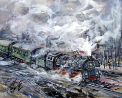Heinz Hautt 1925 Castrop Rauxel-Hagen/steam locomotive/painting, signed