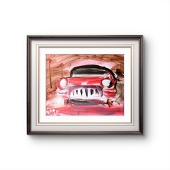 Contemporary Pop Art Acrylic Painting Signed 11×14 Classic Car Driving Sunset