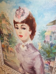 Pair Vintage Signed Paris French Lady Street Scene Oil Paintings Wood Frames