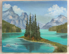 Original Vintage Lake Moraine Landscape Oil Painting by Purnell dated 1979