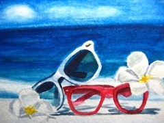 Painting Blue Ocean Sunglasses Tropical Flowers Beach Sand Nature ACEO Art