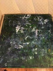 Nice „Abstract Scene In Green“ Oil On Canvas Painting