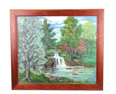 Vintage Landscape Waterfall Oil Painting On Board Signed Illegible
