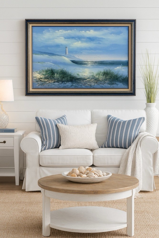 Vtg Painting SIGNED Lighthouse Framed 41.5 “ x 29.25 Wall Art Coastal Home Decor