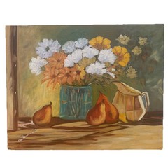 Still Life Vase with Flowers Fruit Oil Painting Canvas Unframed Yellow 16×20