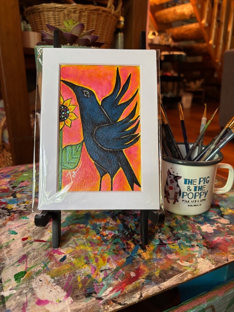 original art acrylic folk art painting crow sunflower bird 4x6in paper matted