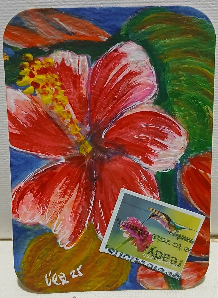 Postal Whimsy – Forever Stamp Hummingbird & Hibiscus OOAK ACEO Watercolor Impres