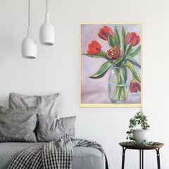 tulips original oil painting, bouquet red tulips in vase, painting on canvas