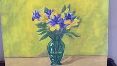 Original Painting Purple Iris and Yellow Lilies in Vase Wall Art 20”x 16”