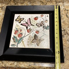 Aida Whedon Mid Century Hand Painted Tile Butterfly Strawberry Field Wood Frame