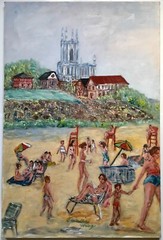 Original Modernist c1970s Coastal Town Beach Bathing Suits Figures Oil Painting