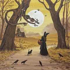 4×4 PRINT OF PAINTING RYTA FOLK HALLOWEEN BLACK CAT WITCH VINTAGE STYLE art moon