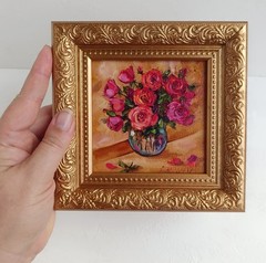 Pink Roses Bouquet Original Oil Painting Framed Still Life in Bronze frame 4×4″