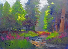 forest stream pines realistic Impressionism oil Painting landscape Tom Fisher