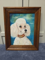 Vtg 1974 White Poodle Dog Puppy Outsider Art Framed Signed Oil Painting