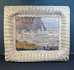 Claude Monet Rough Sea at Etretat Repro Print In White Wicker Frame 18 X 21”