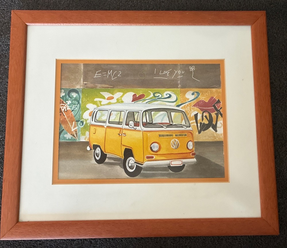 Groovy Framed/Matted Original Urban Art YELLOW VW / VOLKSWAGON BUS Oil on Paper