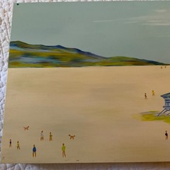 coast ocean Painting original beach tiny people life guard tower by Lori